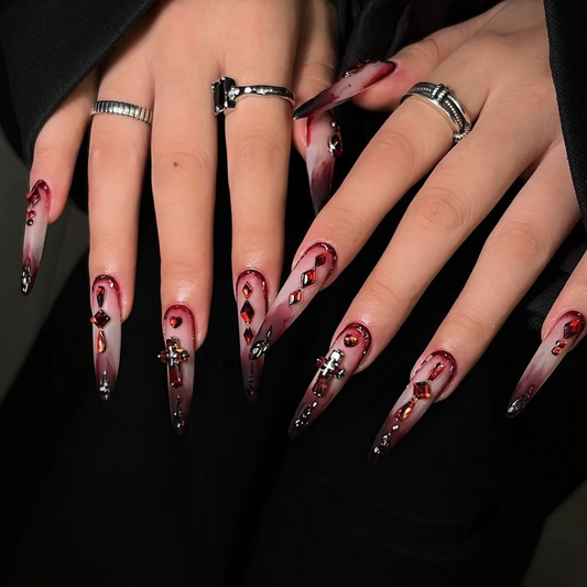 Blood Moon seasonal press-on nails - almond shape, front view