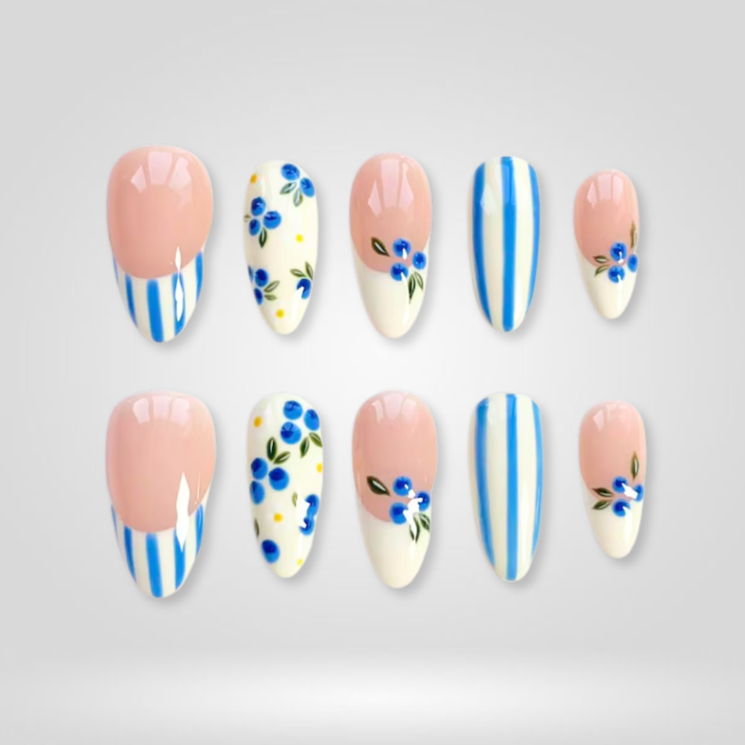 Blue Blossom butter yellow press-on nails - almond shape, front view