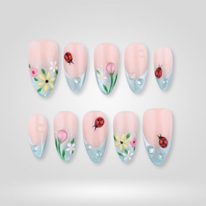 Dewy Daisy floral press-on nails - almond shape, front view