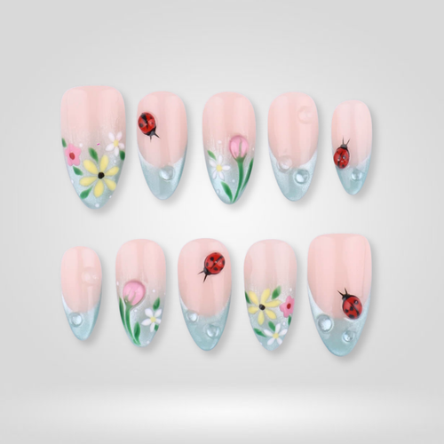 Dewy Daisy floral press-on nails - almond shape, front view