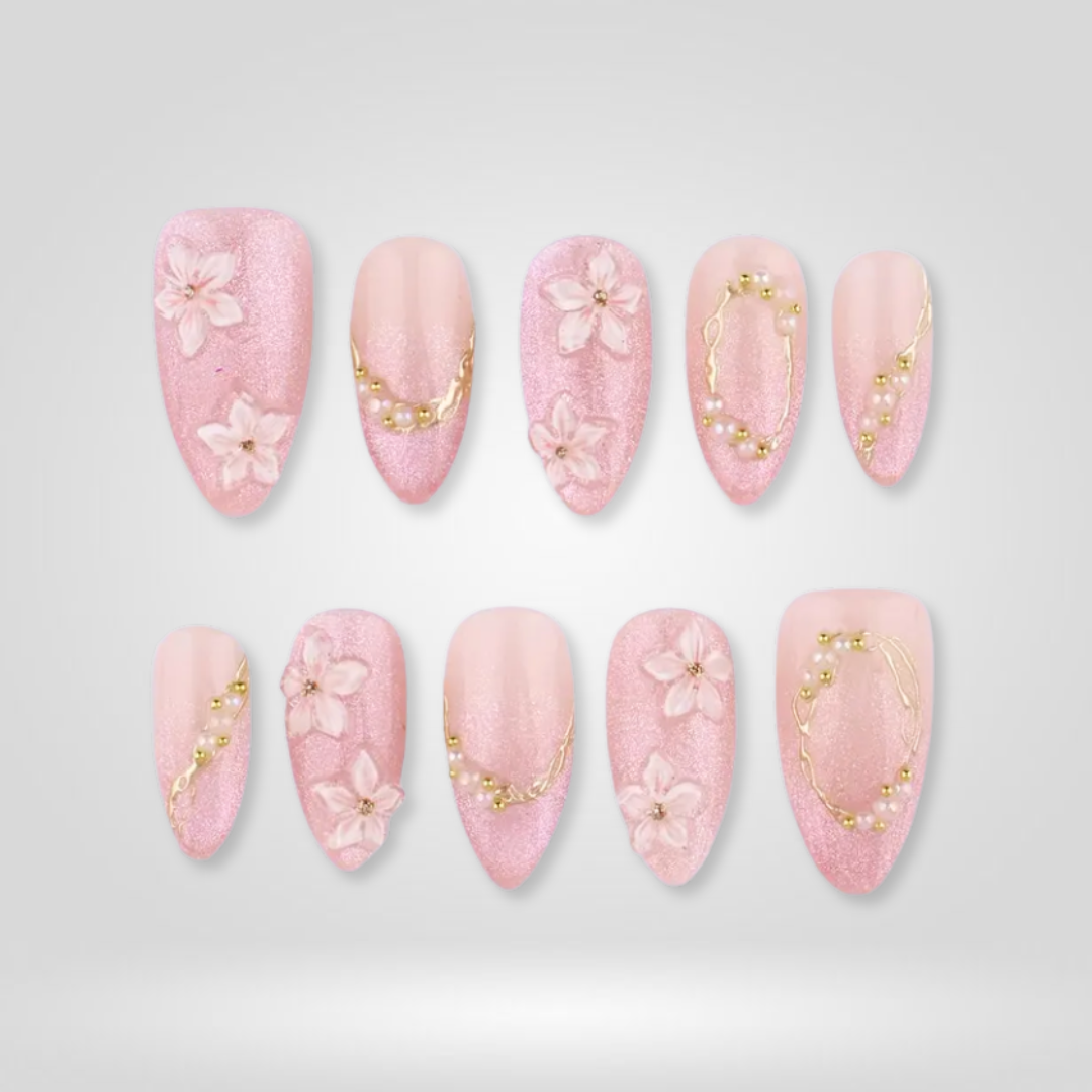 Sparkly Blush floral press-on nails - almond shape, front view