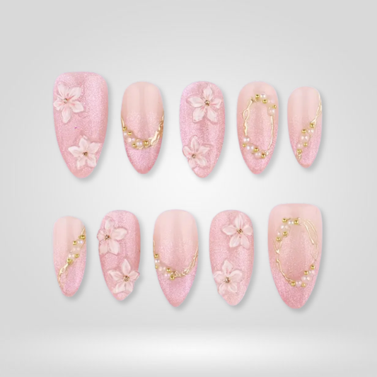 Sparkly Blush floral press-on nails - almond shape, front view