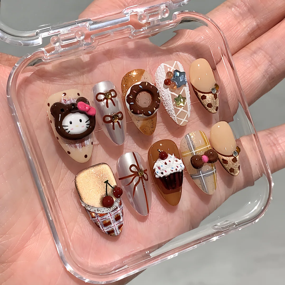 Whimsical Kit press-on nails on hand - lifestyle photo, soft neutral finish