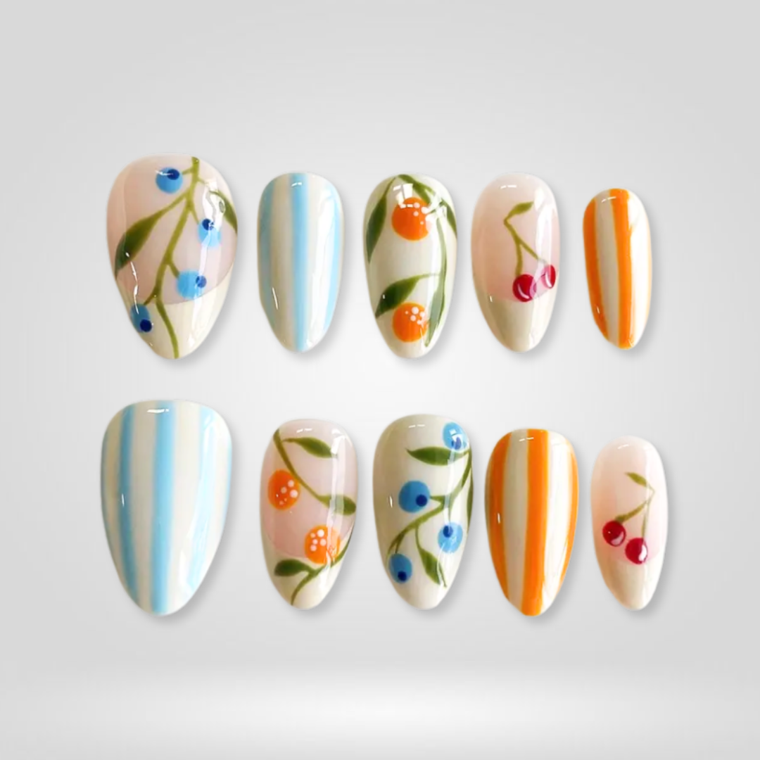 Berry Stripes floral press-on nails - almond shape, front view