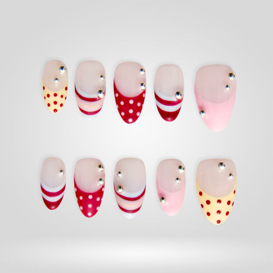 Cherry Dots floral press-on nails - almond shape, front view
