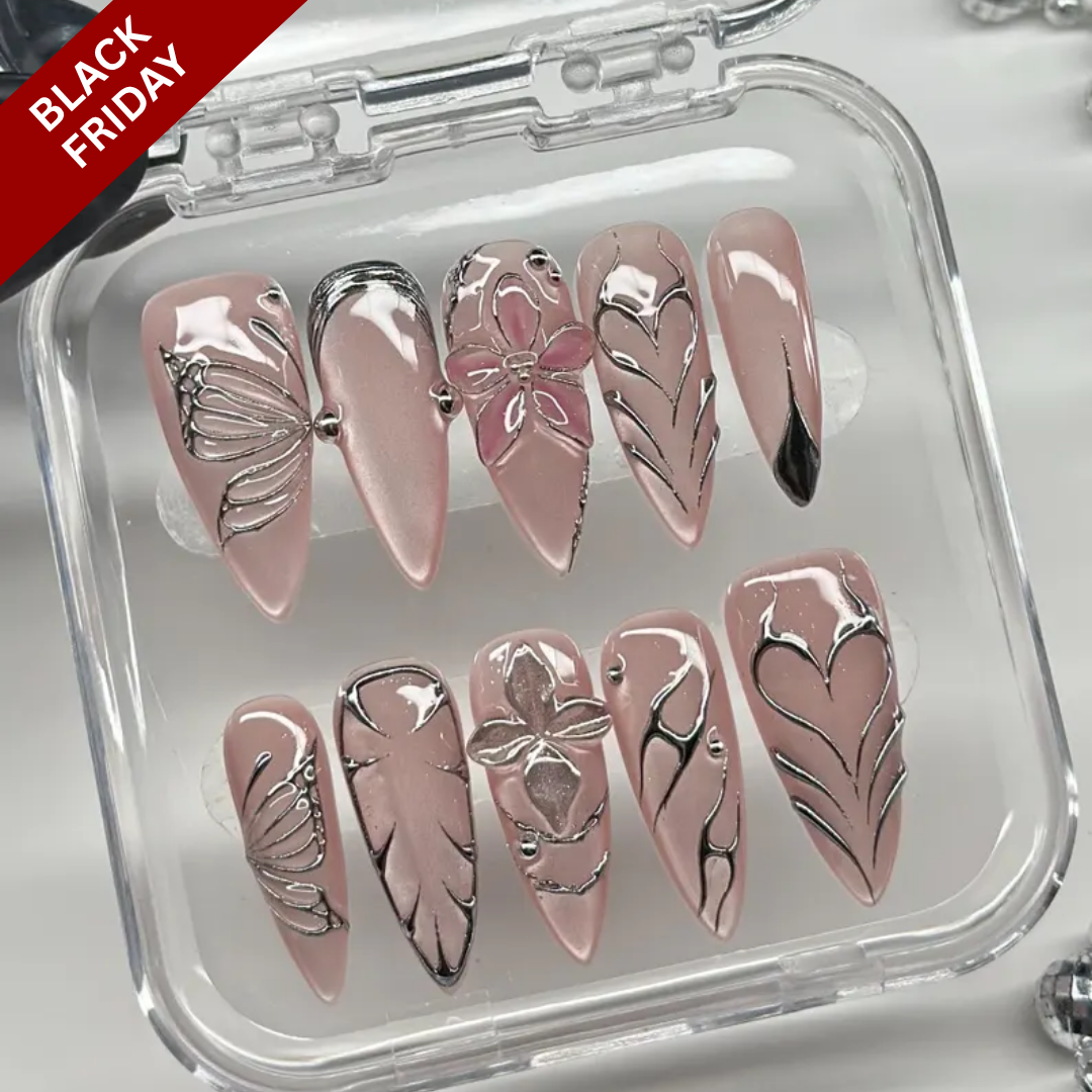 Glamorous Metallic press-on nails on hand - lifestyle photo, ombre gradient finish