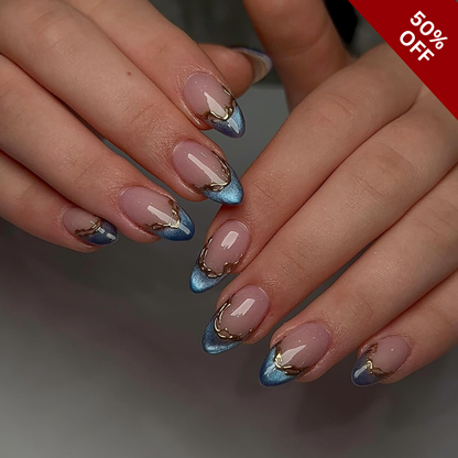 Golden Whisper press-on nail set - XS to L sizing, cat-eye velvet design