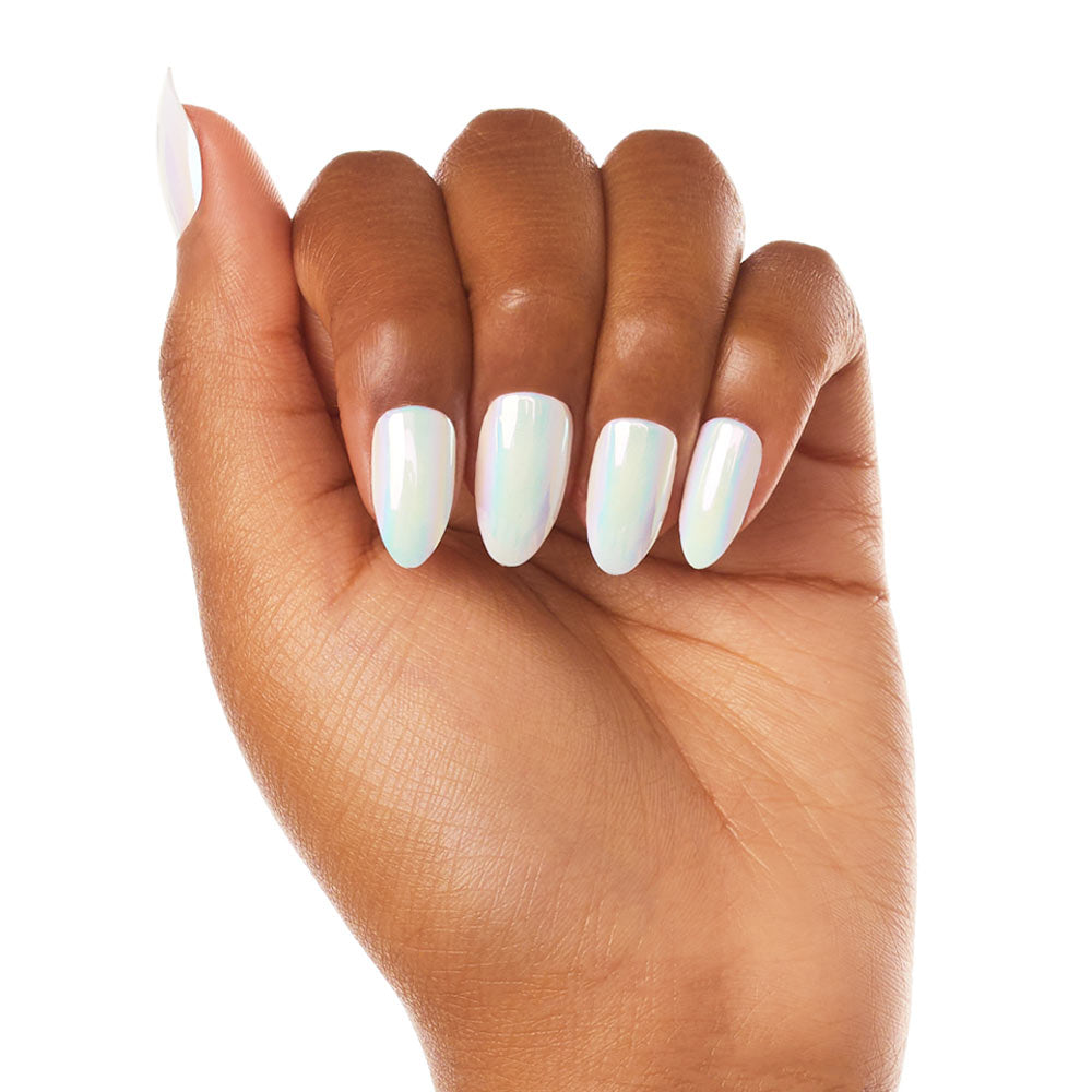 Moonlight press-on nails on hand - lifestyle photo, milky cloud dancer finish