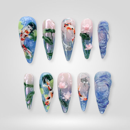 Koi Ocean press-on nail set - XS to L sizing, cat-eye velvet design