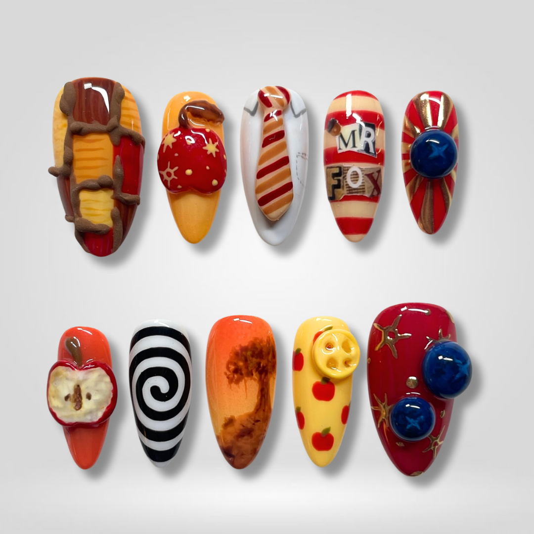 Golden Fox 3d sculptural press-on nails - almond shape, front view