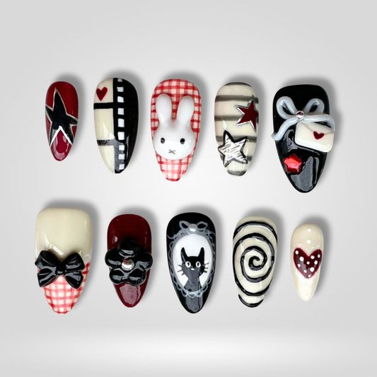 Bunny Star 3d sculptural press-on nails - almond shape, front view