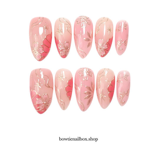 GILDED PETAL floral press-on nails - almond shape, front view