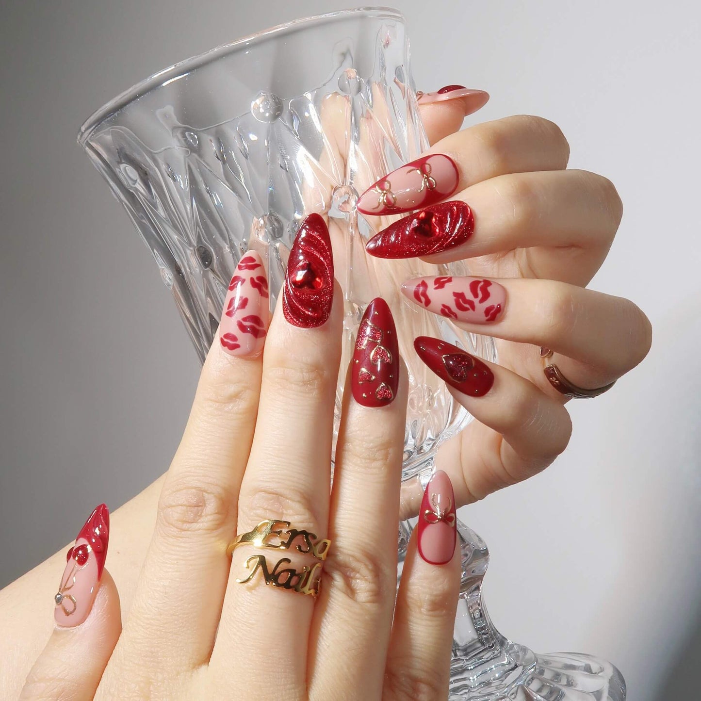 A Kiss to Remember press-on nails close-up texture detail - cat-eye velvet finish, US shipping