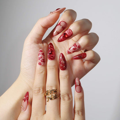 A Kiss to Remember press-on nails on hand - lifestyle photo, cat-eye velvet finish