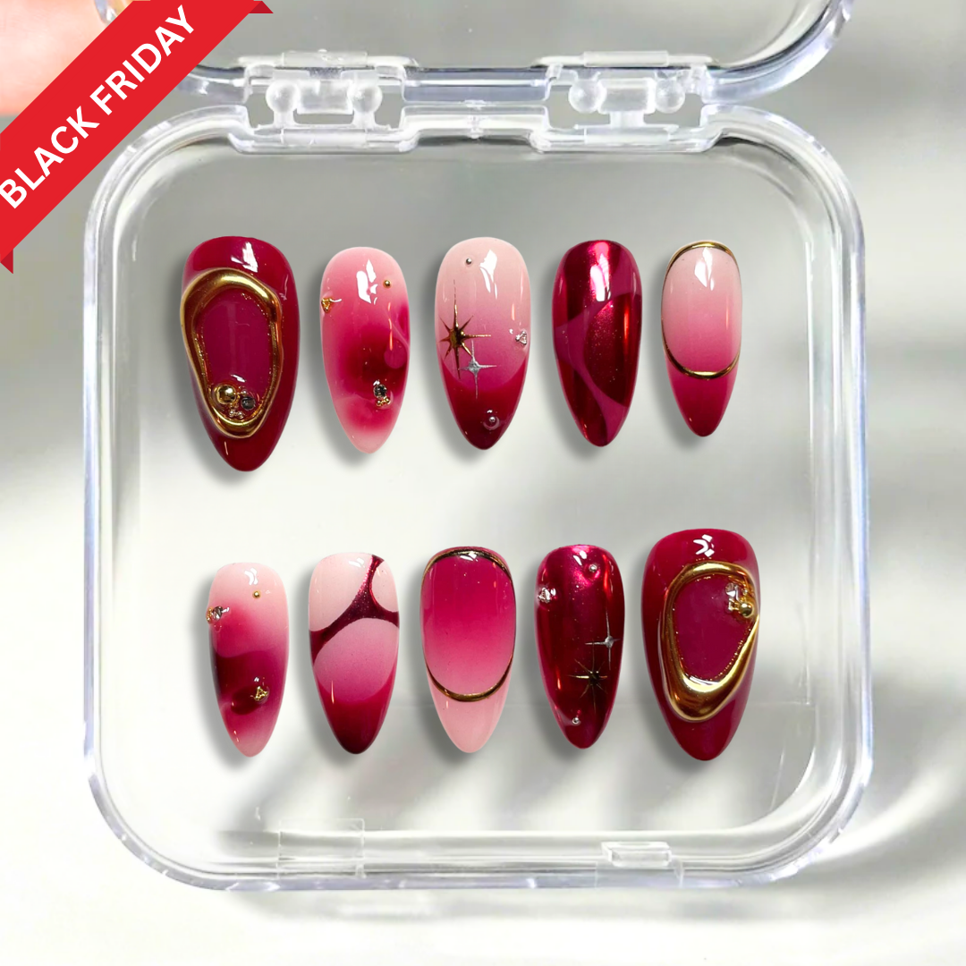 Berry Glow press-on nails on hand - lifestyle photo, 3d sculptural finish
