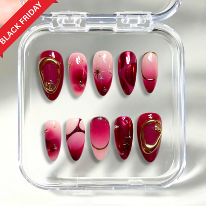 Berry Glow press-on nails on hand - lifestyle photo, 3d sculptural finish