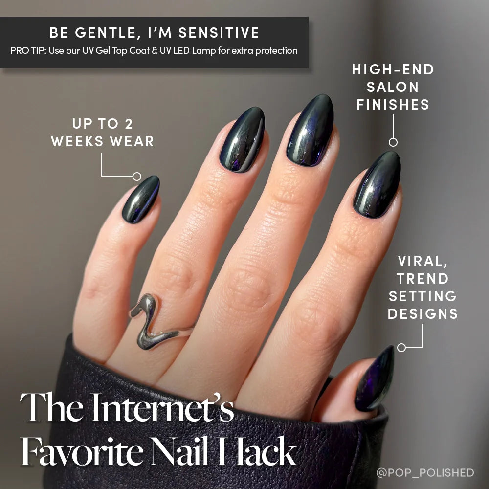 Black Metal press-on nails close-up texture detail - pearl-shift finish, US shipping