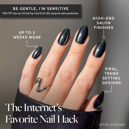 Black Metal press-on nails close-up texture detail - pearl-shift finish, US shipping