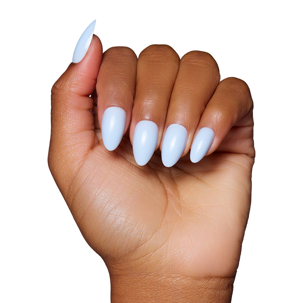 Blueberry Milk press-on nails on hand - lifestyle photo, milky cloud dancer finish