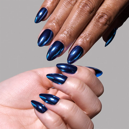 Blue Steel press-on nails on hand - lifestyle photo, pearl-shift finish