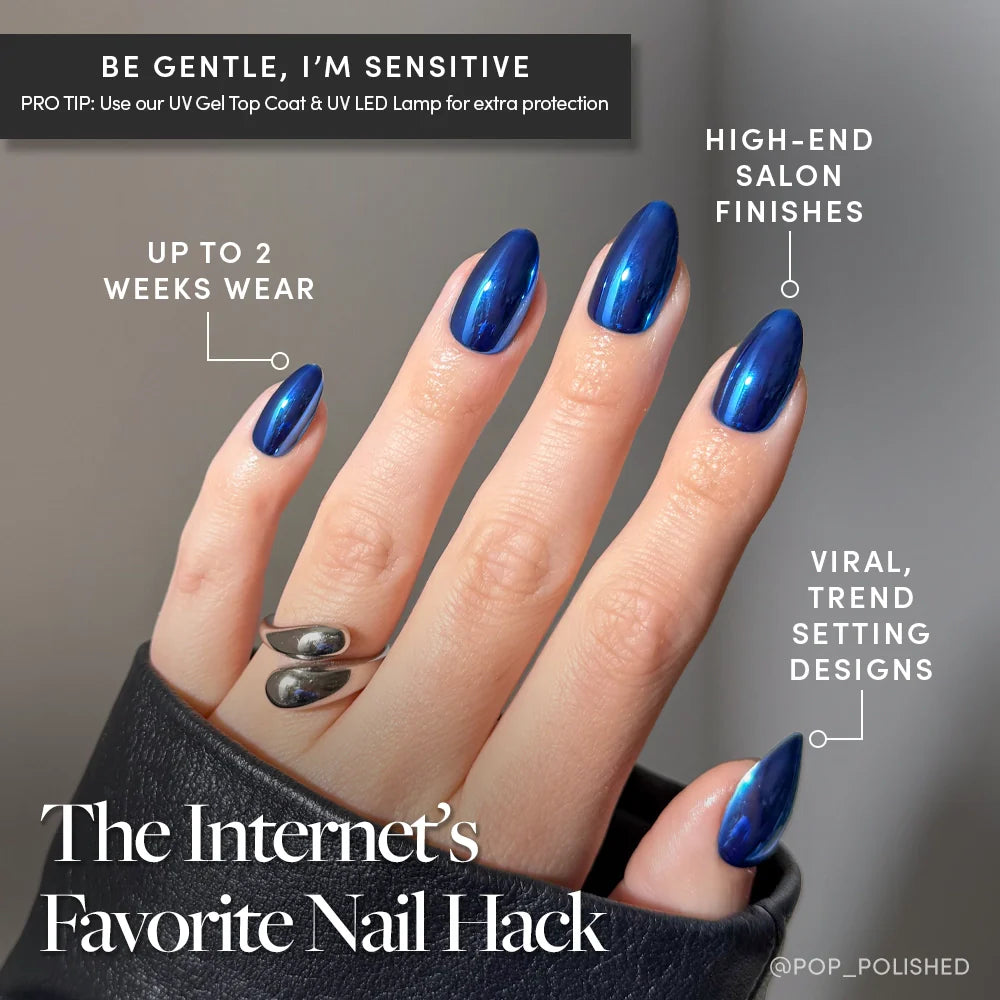Blue Steel press-on nails close-up texture detail - pearl-shift finish, US shipping
