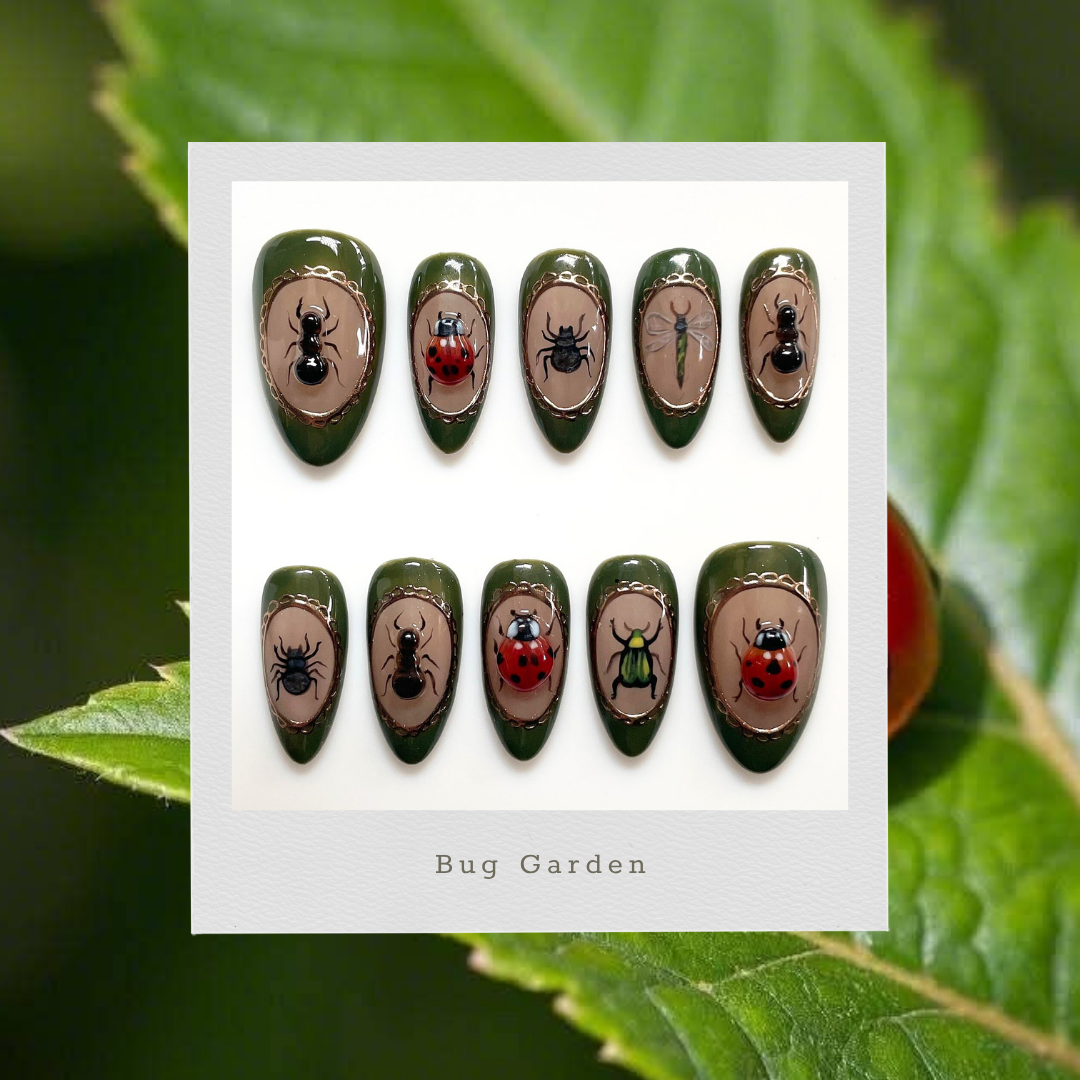 Bug Garden press-on nail set - XS to L sizing, 3d sculptural design