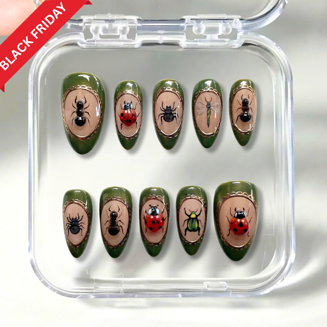 Bug Garden press-on nails on hand - lifestyle photo, 3d sculptural finish