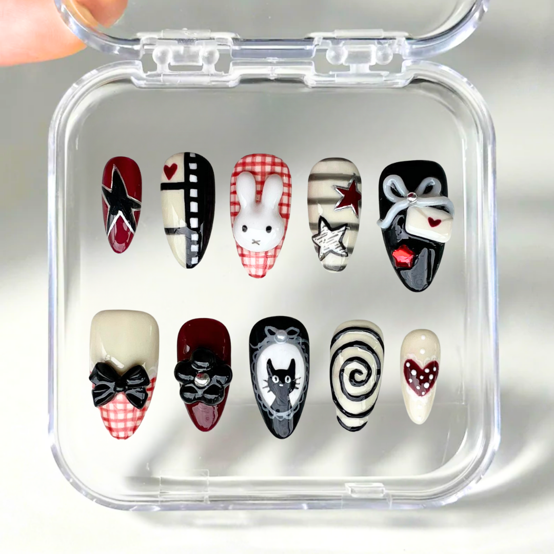Bunny Star press-on nails on hand - lifestyle photo, 3d sculptural finish