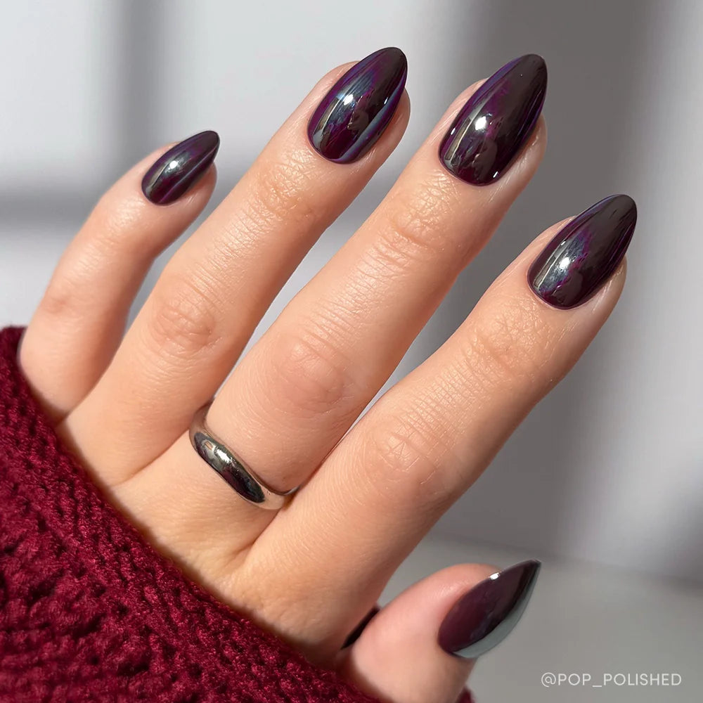 Burgundy Chrome cat-eye velvet press-on nails - almond shape, front view