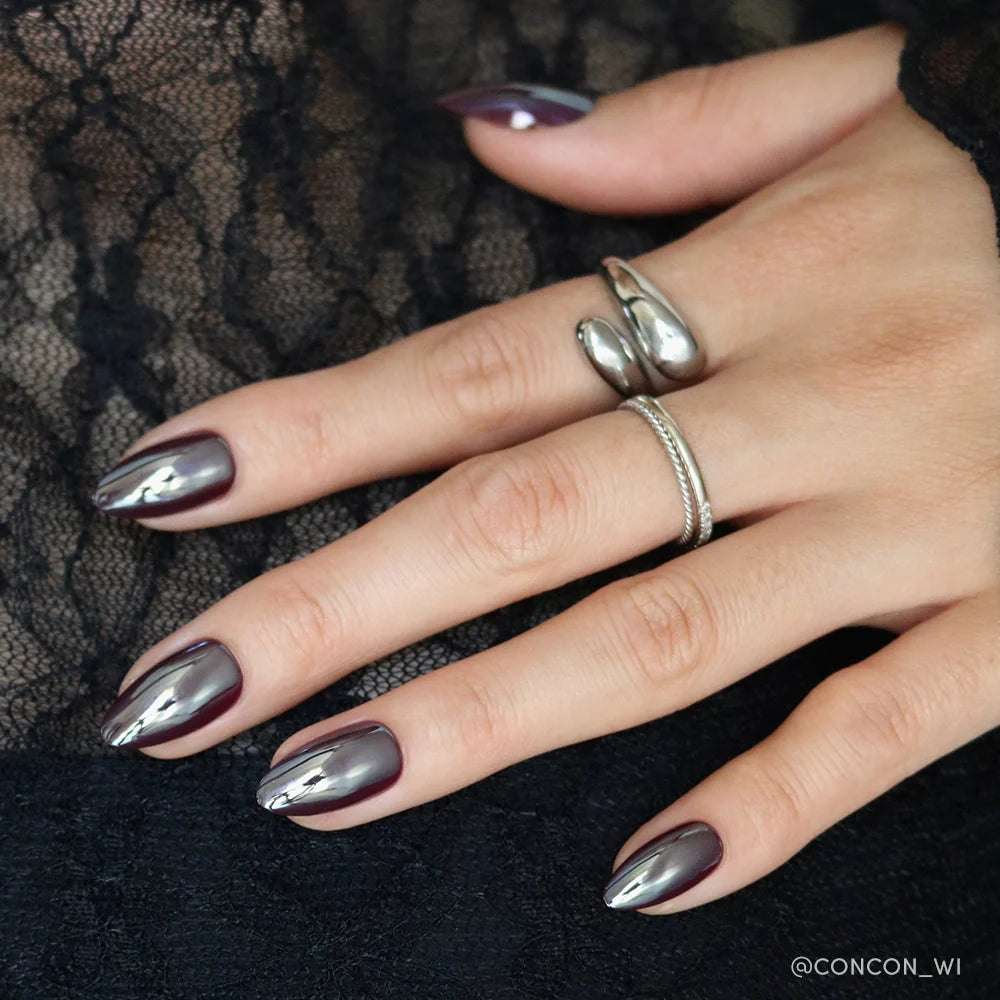 Burgundy Chrome press-on nails close-up texture detail - cat-eye velvet finish, US shipping