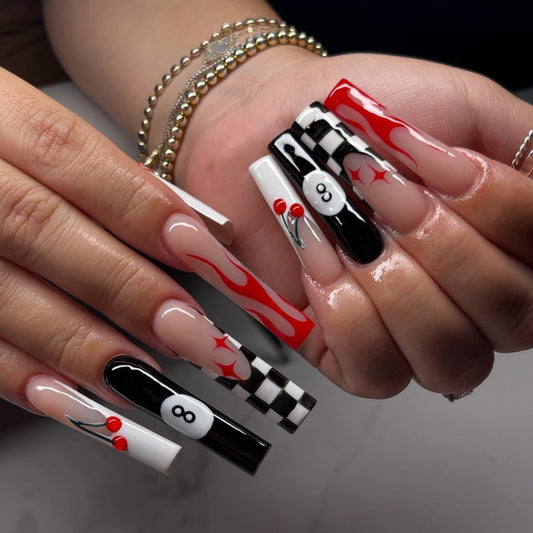 Speed Racer milky cloud dancer press-on nails - coffin/ballerina shape, front view