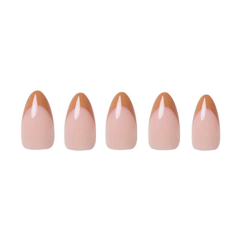 Café Crème press-on nails on hand - lifestyle photo, french tip finish