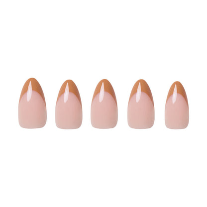 Café Crème press-on nails on hand - lifestyle photo, french tip finish