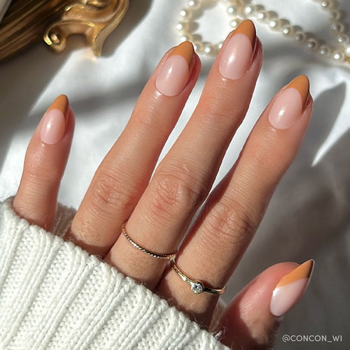 Café Crème french tip press-on nails - almond shape, front view