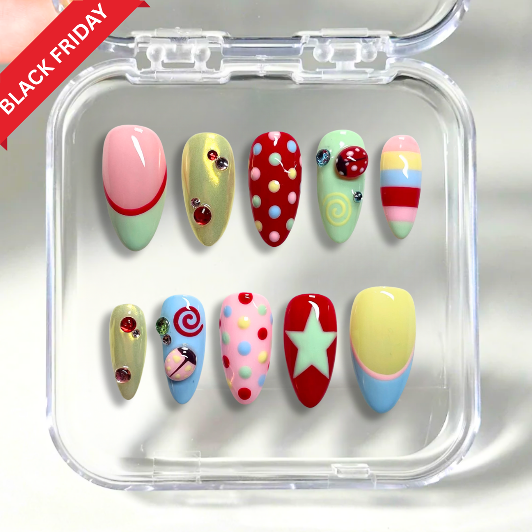 Sweet Candy press-on nails on hand - lifestyle photo, polka dot finish