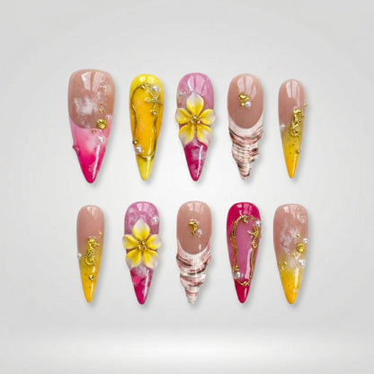 Summer Floral press-on nails on hand - lifestyle photo, cat-eye velvet finish