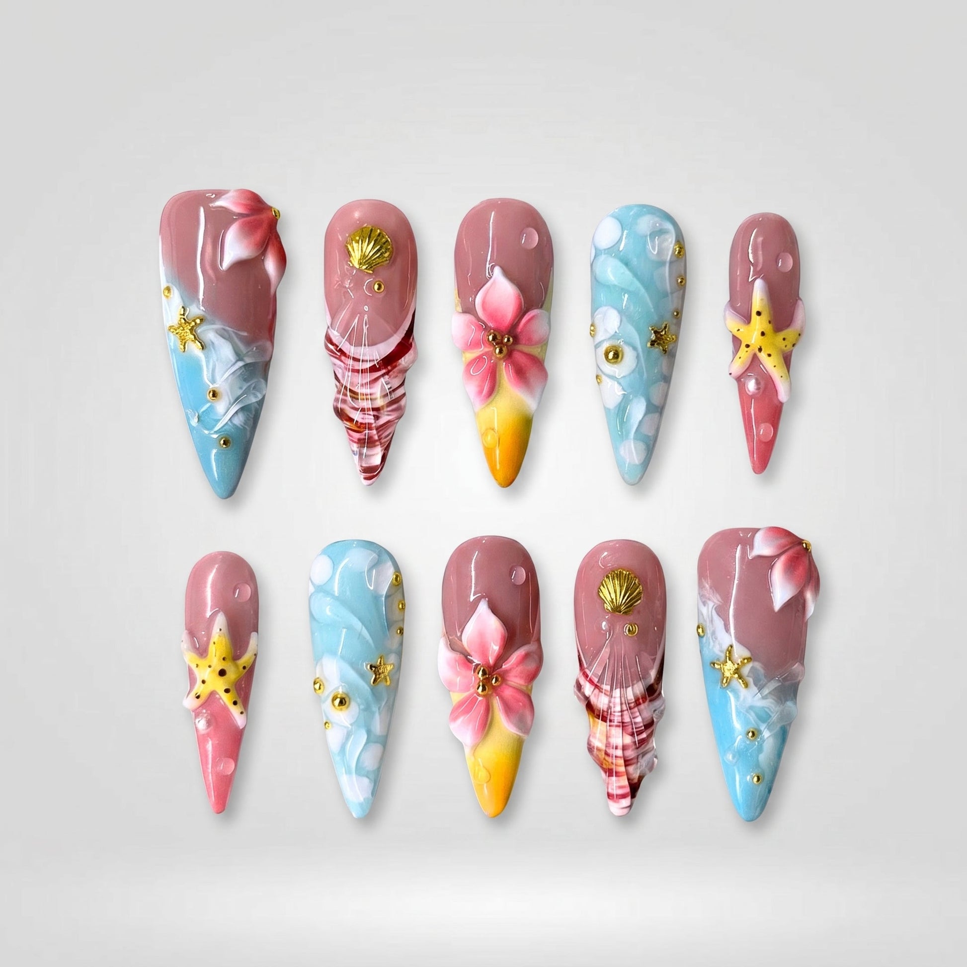 Summer Floral cat-eye velvet press-on nails - almond shape, front view