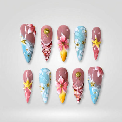 Summer Floral cat-eye velvet press-on nails - almond shape, front view