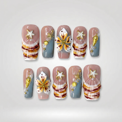 Summer Floral press-on nail set - XS to L sizing, cat-eye velvet design
