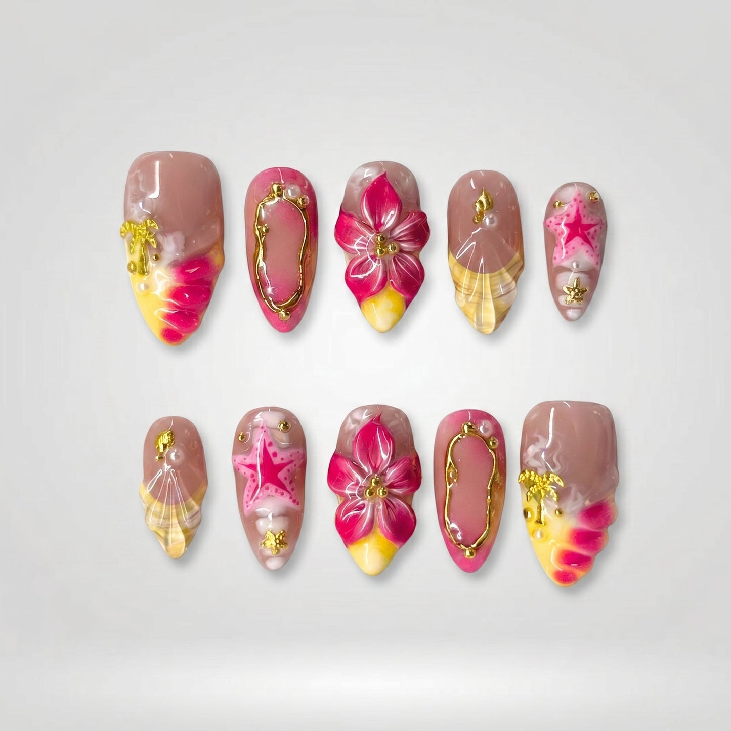 Summer Floral press-on nails close-up texture detail - cat-eye velvet finish, US shipping