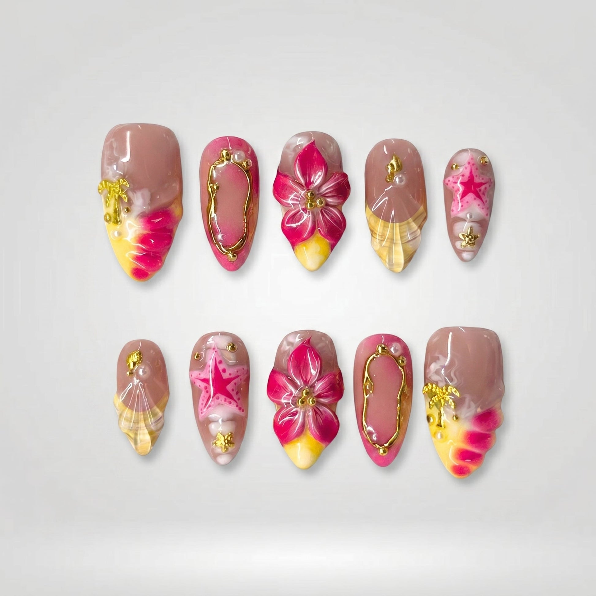 Summer Floral press-on nails close-up texture detail - cat-eye velvet finish, US shipping