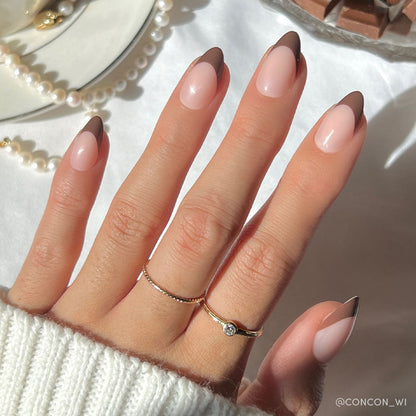 Chocolat french tip press-on nails - almond shape, front view