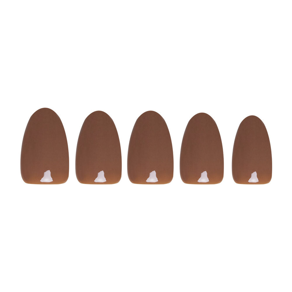 Chocolate Brown press-on nails on hand - lifestyle photo, milky cloud dancer finish
