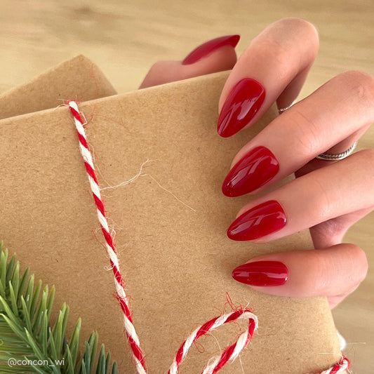 Classic Red berry press-on nails - almond shape, front view