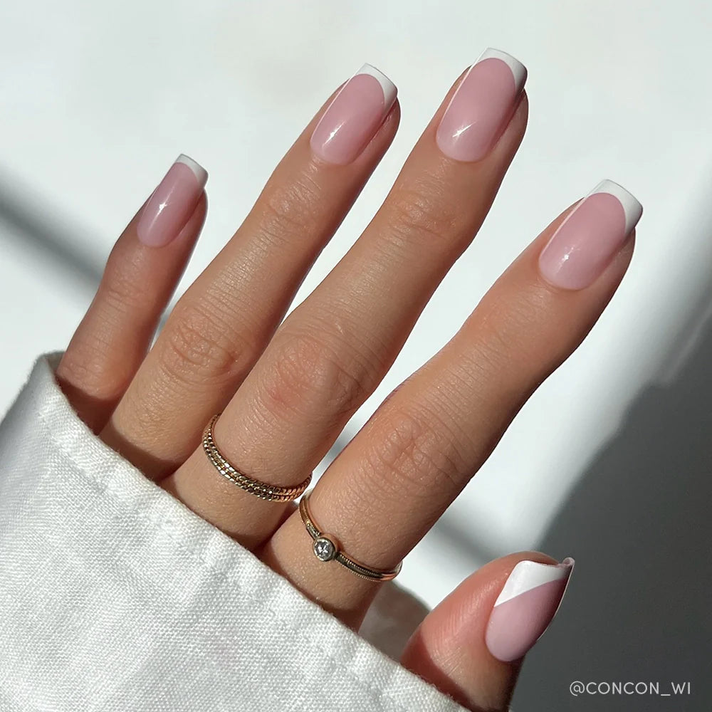 Classy French dipped french press-on nails - square shape, front view