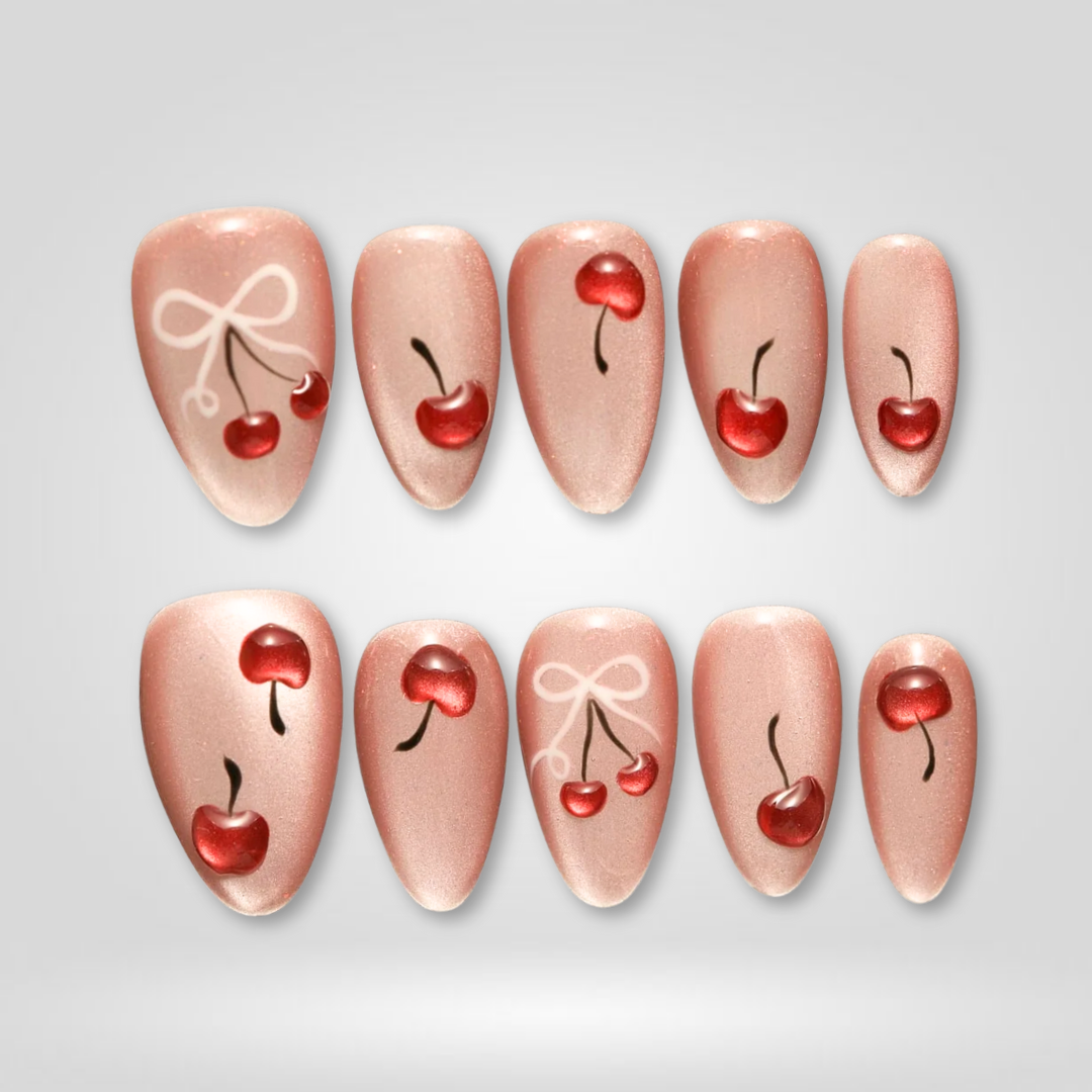 Cherry Kiss berry press-on nails - almond shape, front view