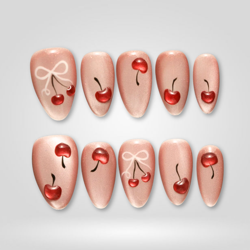 Cherry Kiss berry press-on nails - almond shape, front view
