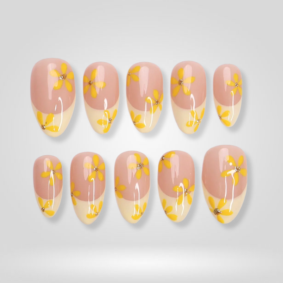 Sunny Bloom floral press-on nails - almond shape, front view