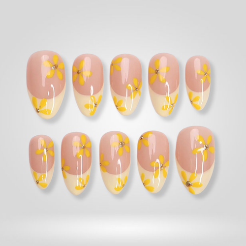 Sunny Bloom floral press-on nails - almond shape, front view