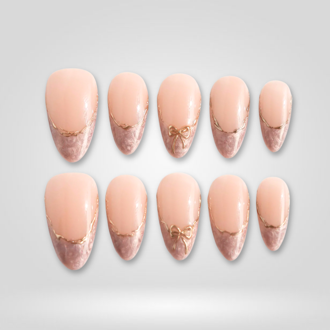 Velvet Bow cat-eye velvet press-on nails - almond shape, front view